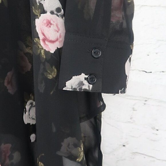 DIVIDED H&M BLACK SHEER LONG SLEEVE ASYMETRICAL PINK ROSE SCULL TOP SIZE 2 NWT - Picture 5 of 8